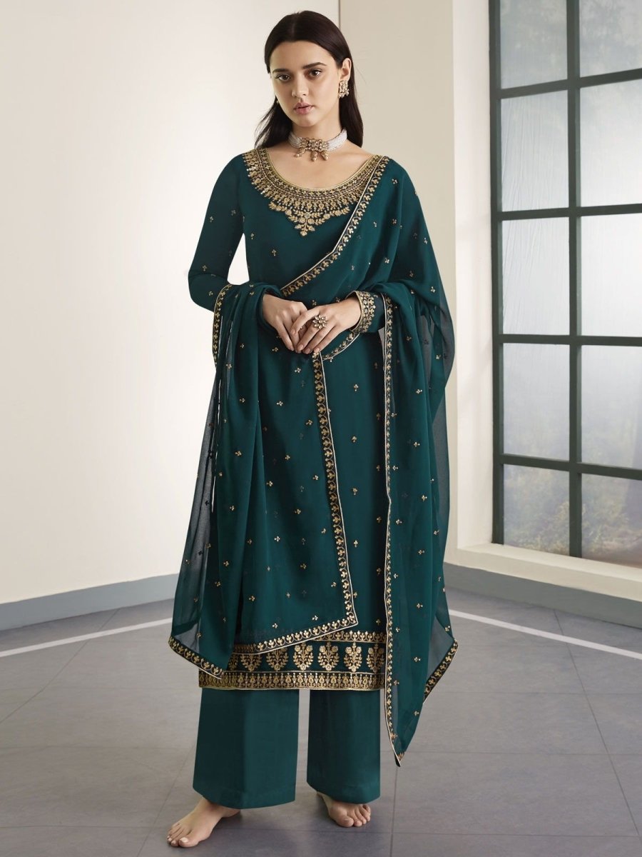Teal Embroidered Palazzo Suit - Indian Clothing in Denver, CO, Aurora, CO, Boulder, CO, Fort Collins, CO, Colorado Springs, CO, Parker, CO, Highlands Ranch, CO, Cherry Creek, CO, Centennial, CO, and Longmont, CO. Nationwide shipping USA - India Fashion X