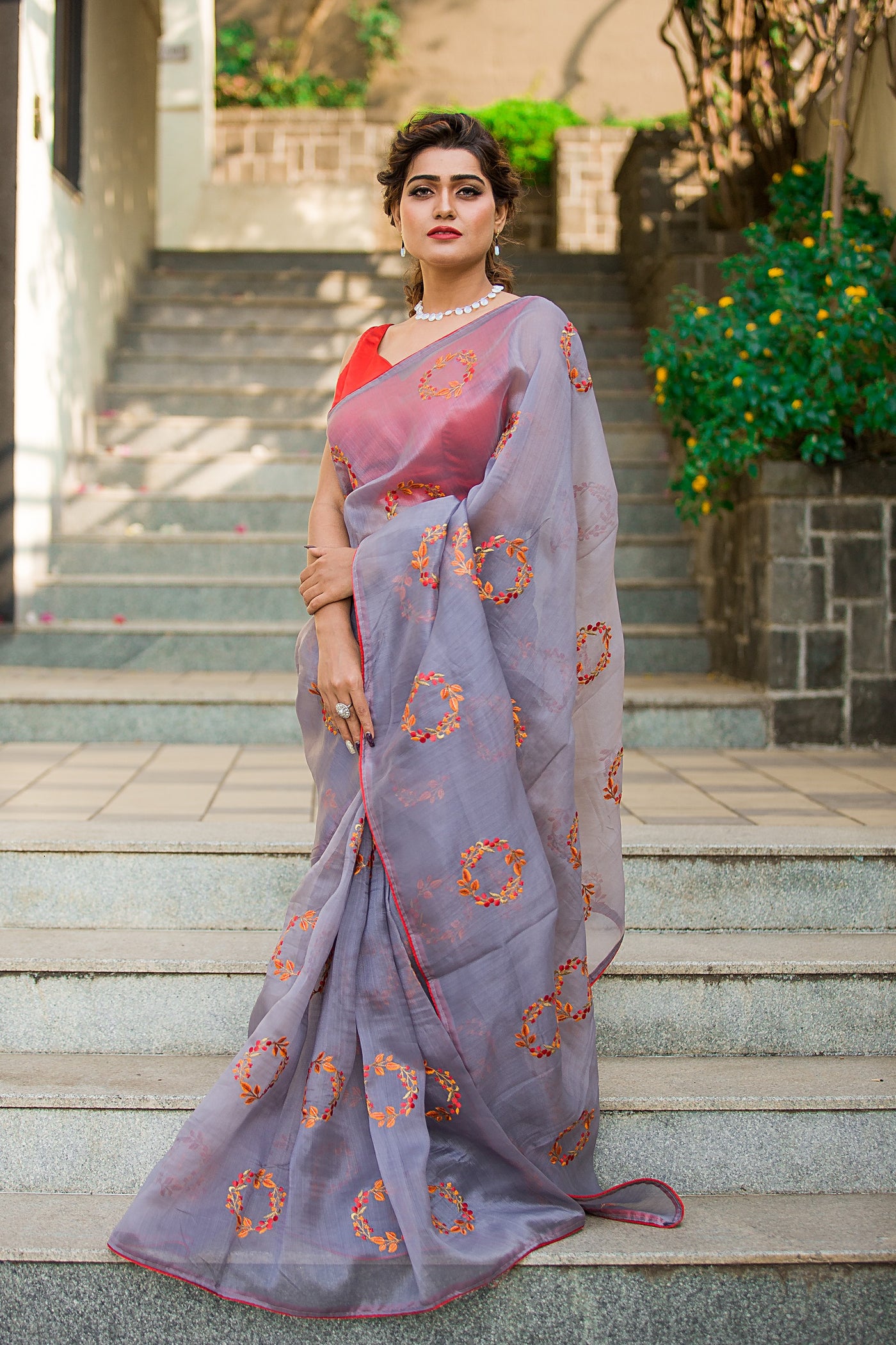 Gray Floral Organza Saree Indian Clothing in Denver, CO, Aurora, CO, Boulder, CO, Fort Collins, CO, Colorado Springs, CO, Parker, CO, Highlands Ranch, CO, Cherry Creek, CO, Centennial, CO, and Longmont, CO. NATIONWIDE SHIPPING USA- India Fashion X