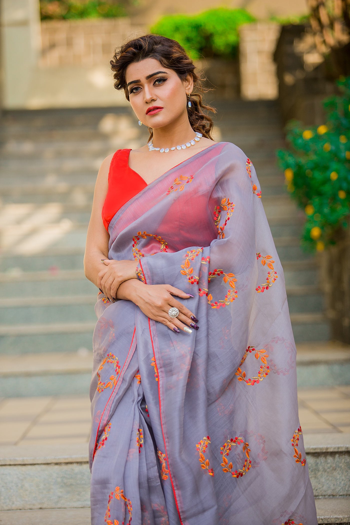 Gray Floral Organza Saree Indian Clothing in Denver, CO, Aurora, CO, Boulder, CO, Fort Collins, CO, Colorado Springs, CO, Parker, CO, Highlands Ranch, CO, Cherry Creek, CO, Centennial, CO, and Longmont, CO. NATIONWIDE SHIPPING USA- India Fashion X