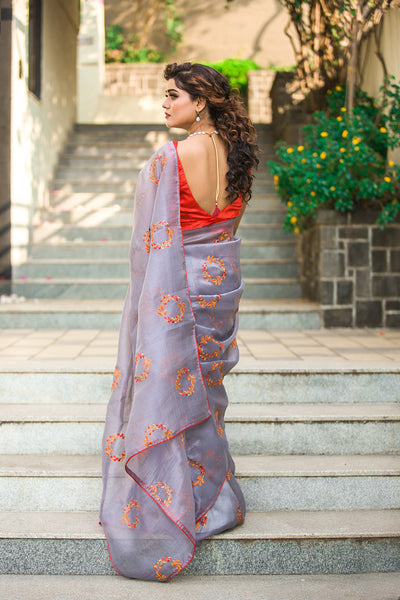 Gray Floral Organza Saree Indian Clothing in Denver, CO, Aurora, CO, Boulder, CO, Fort Collins, CO, Colorado Springs, CO, Parker, CO, Highlands Ranch, CO, Cherry Creek, CO, Centennial, CO, and Longmont, CO. NATIONWIDE SHIPPING USA- India Fashion X