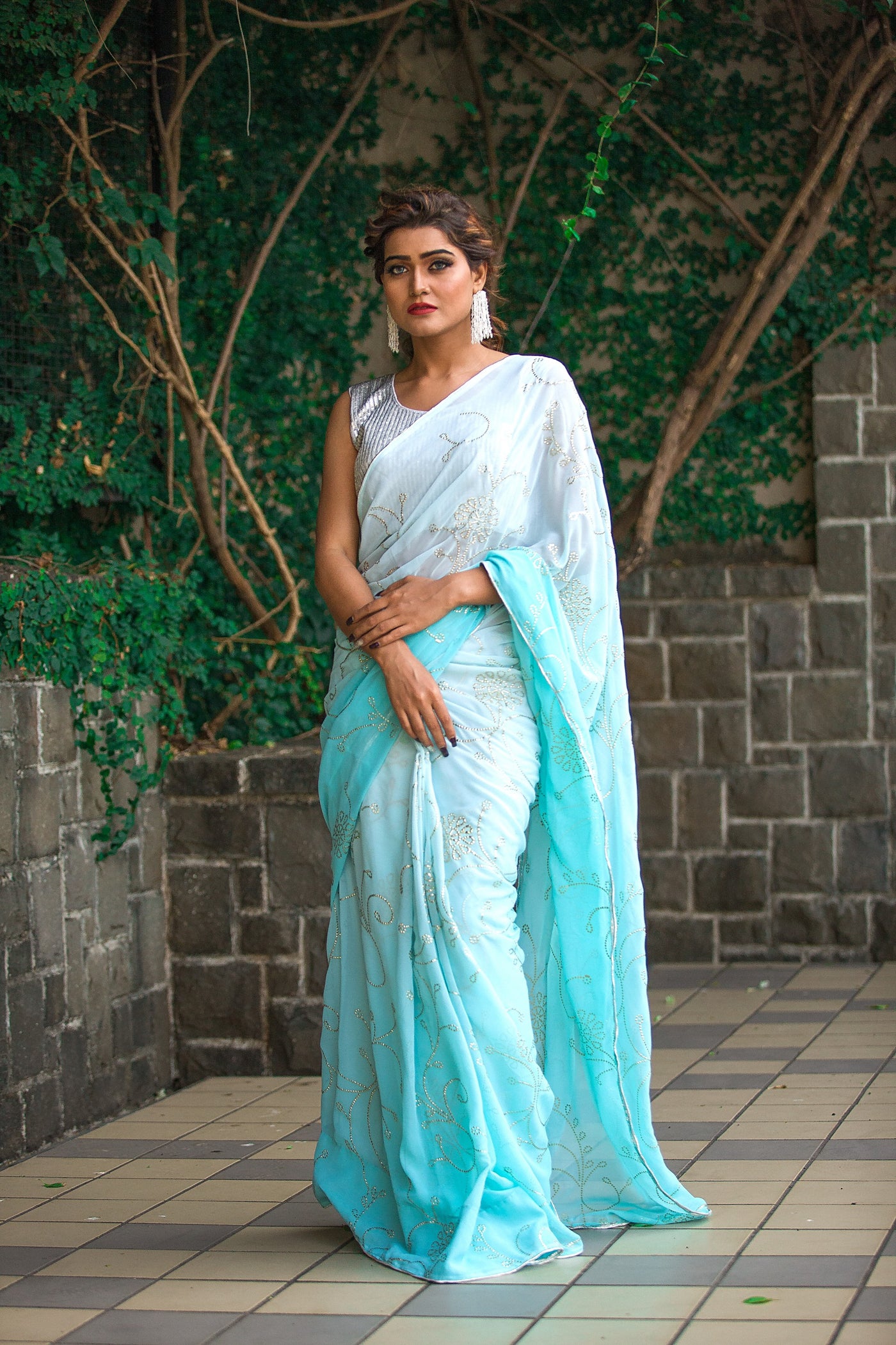 White Aqua Blended Saree - Indian Clothing in Denver, CO, Aurora, CO, Boulder, CO, Fort Collins, CO, Colorado Springs, CO, Parker, CO, Highlands Ranch, CO, Cherry Creek, CO, Centennial, CO, and Longmont, CO. Nationwide shipping USA - India Fashion X
