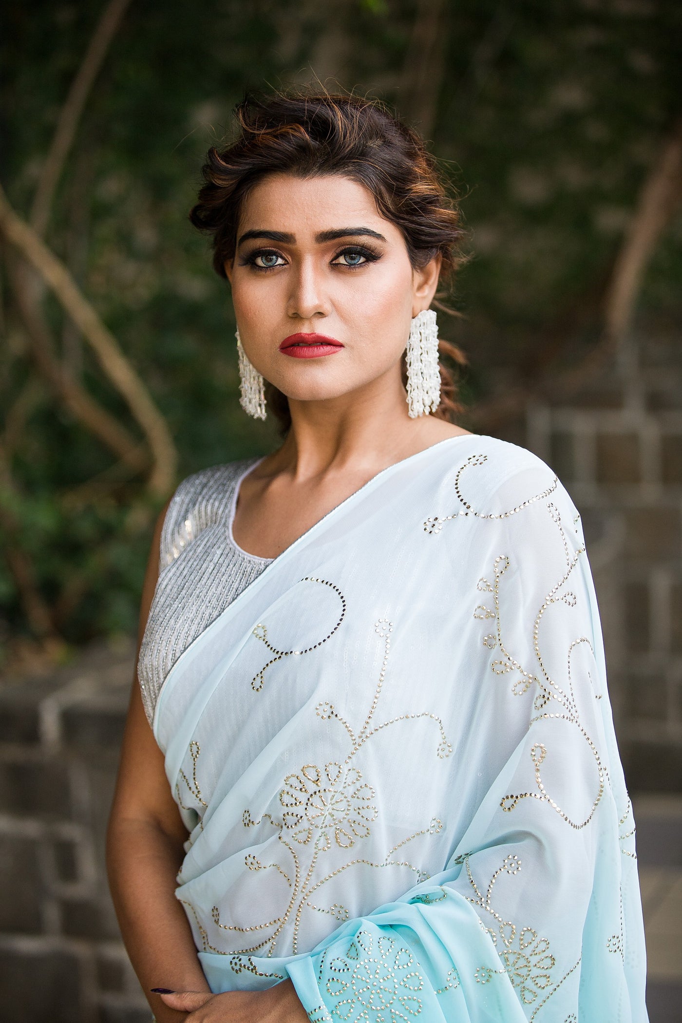 White Aqua Blended Saree - Indian Clothing in Denver, CO, Aurora, CO, Boulder, CO, Fort Collins, CO, Colorado Springs, CO, Parker, CO, Highlands Ranch, CO, Cherry Creek, CO, Centennial, CO, and Longmont, CO. Nationwide shipping USA - India Fashion X