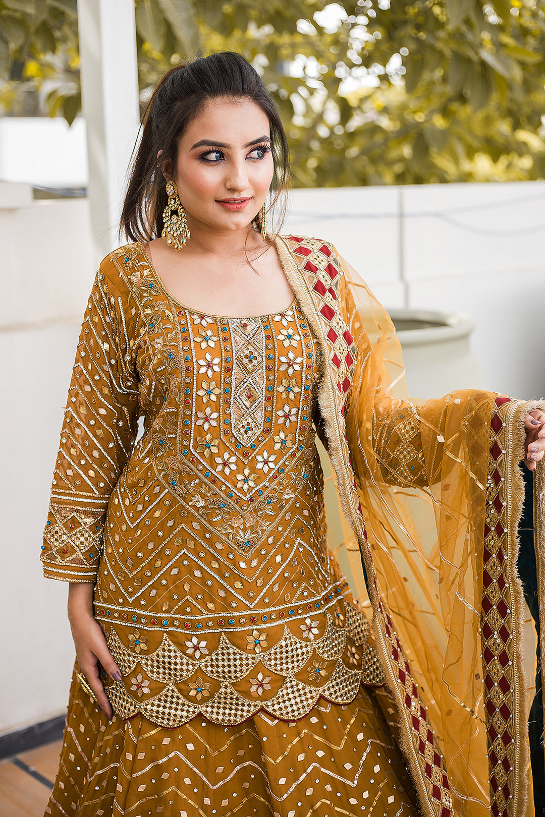 Women's Embroidered Designer Salwar Suit - Ready To Wear Sharara Style, Mustard Color, Size 42 - EB-1023 - View #3