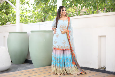 Misty Blue Dyed Sharara Set Indian Clothing in Denver, CO, Aurora, CO, Boulder, CO, Fort Collins, CO, Colorado Springs, CO, Parker, CO, Highlands Ranch, CO, Cherry Creek, CO, Centennial, CO, and Longmont, CO. NATIONWIDE SHIPPING USA- India Fashion X