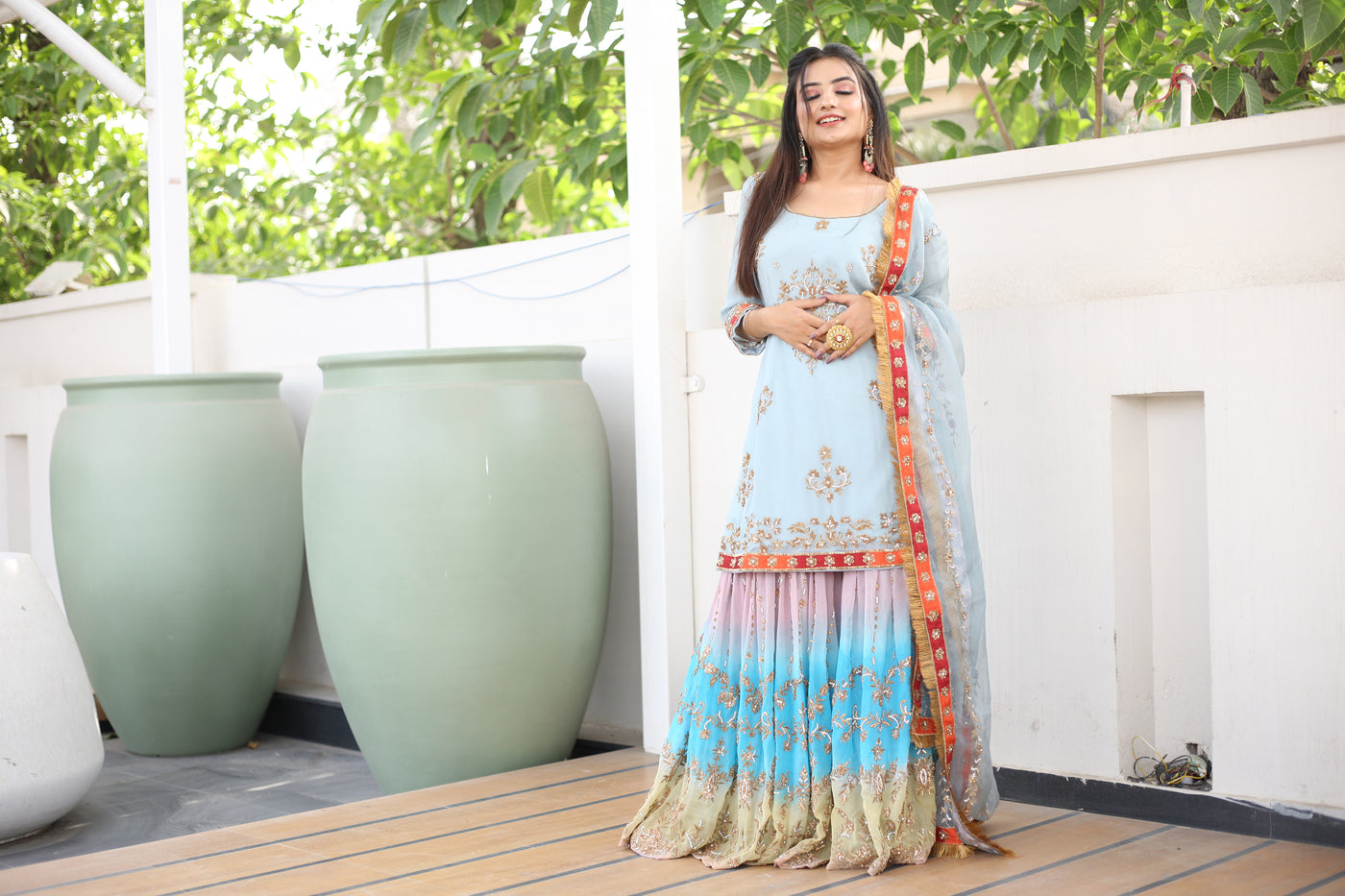 Misty Blue Dyed Sharara Set Indian Clothing in Denver, CO, Aurora, CO, Boulder, CO, Fort Collins, CO, Colorado Springs, CO, Parker, CO, Highlands Ranch, CO, Cherry Creek, CO, Centennial, CO, and Longmont, CO. NATIONWIDE SHIPPING USA- India Fashion X