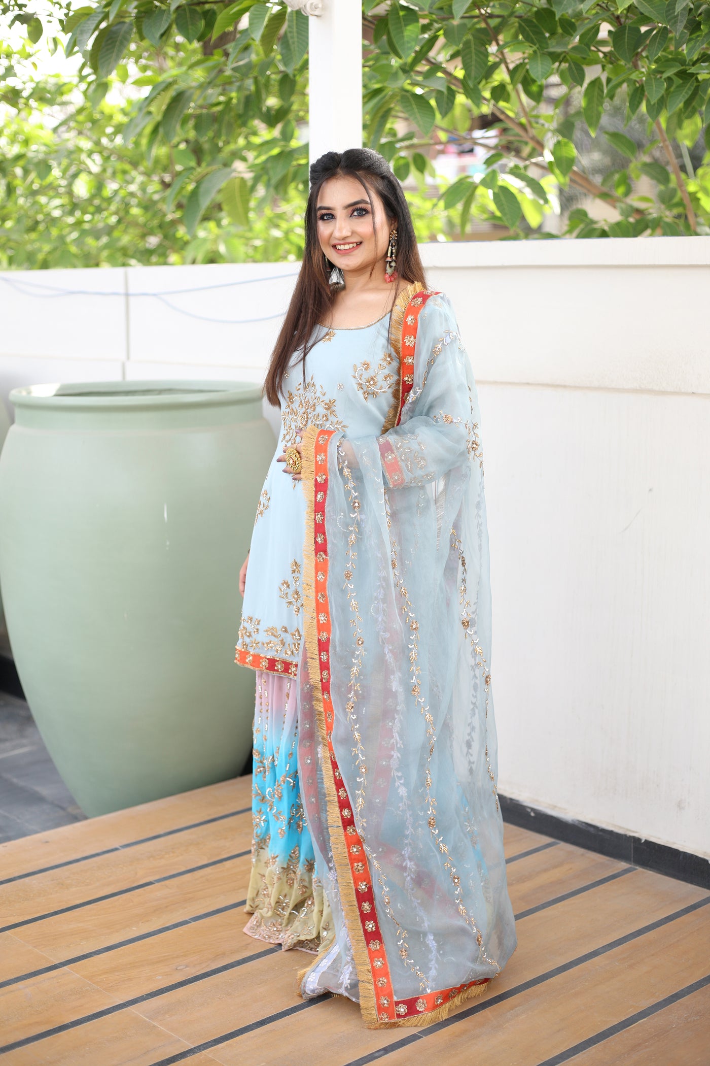 Misty Blue Dyed Sharara Set Indian Clothing in Denver, CO, Aurora, CO, Boulder, CO, Fort Collins, CO, Colorado Springs, CO, Parker, CO, Highlands Ranch, CO, Cherry Creek, CO, Centennial, CO, and Longmont, CO. NATIONWIDE SHIPPING USA- India Fashion X