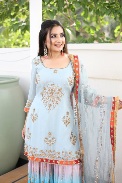 Misty Blue Dyed Sharara Set Indian Clothing in Denver, CO, Aurora, CO, Boulder, CO, Fort Collins, CO, Colorado Springs, CO, Parker, CO, Highlands Ranch, CO, Cherry Creek, CO, Centennial, CO, and Longmont, CO. NATIONWIDE SHIPPING USA- India Fashion X