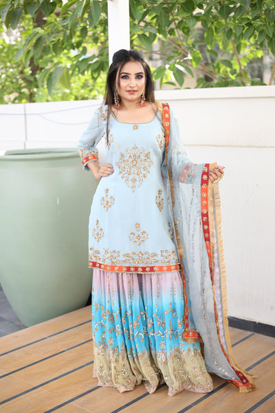 Misty Blue Dyed Sharara Set Indian Clothing in Denver, CO, Aurora, CO, Boulder, CO, Fort Collins, CO, Colorado Springs, CO, Parker, CO, Highlands Ranch, CO, Cherry Creek, CO, Centennial, CO, and Longmont, CO. NATIONWIDE SHIPPING USA- India Fashion X