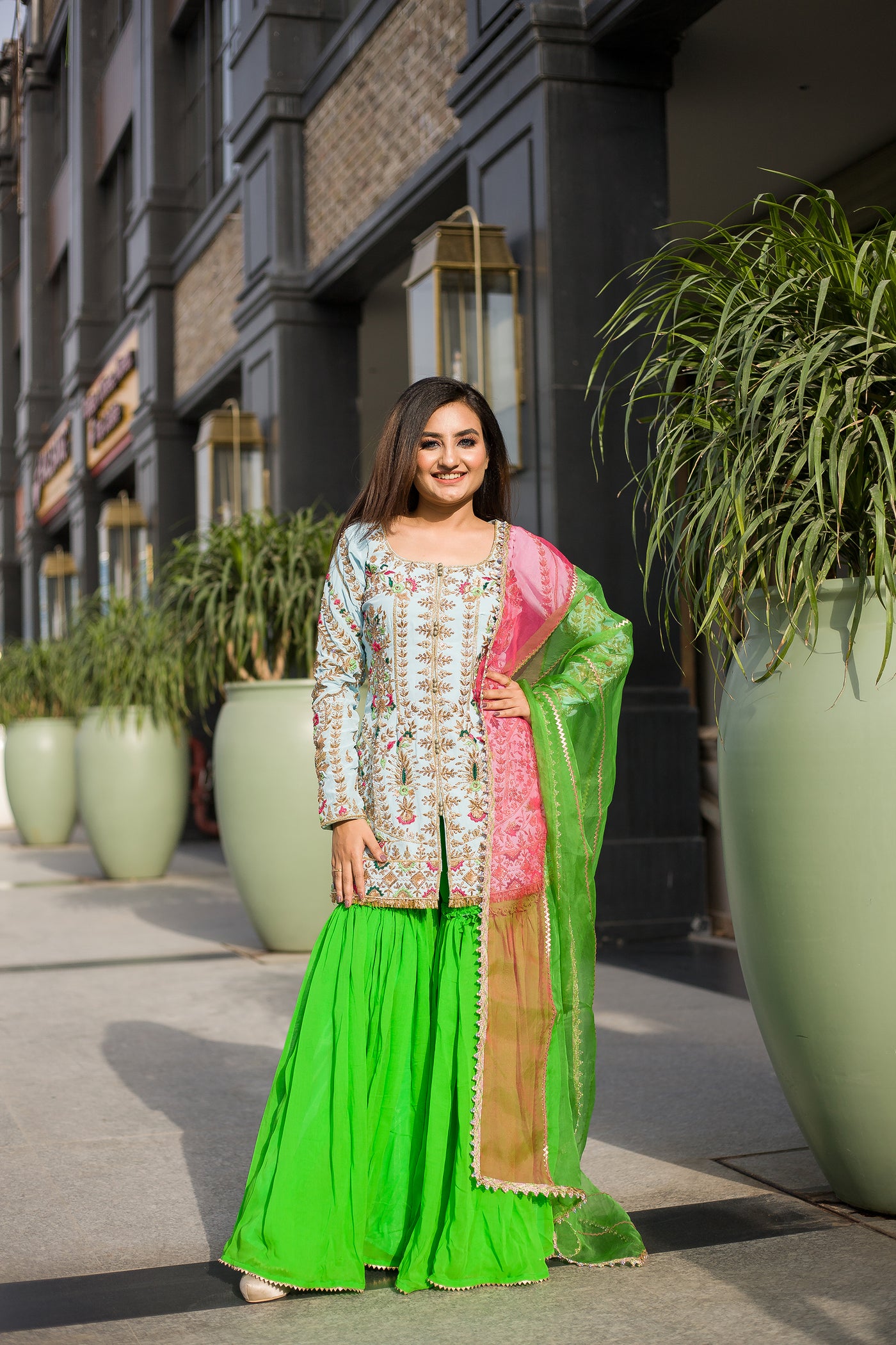 Jewel Sequined Gray-Lime Sharara Set Indian Clothing in Denver, CO, Aurora, CO, Boulder, CO, Fort Collins, CO, Colorado Springs, CO, Parker, CO, Highlands Ranch, CO, Cherry Creek, CO, Centennial, CO, and Longmont, CO. NATIONWIDE SHIPPING USA- India Fashion X