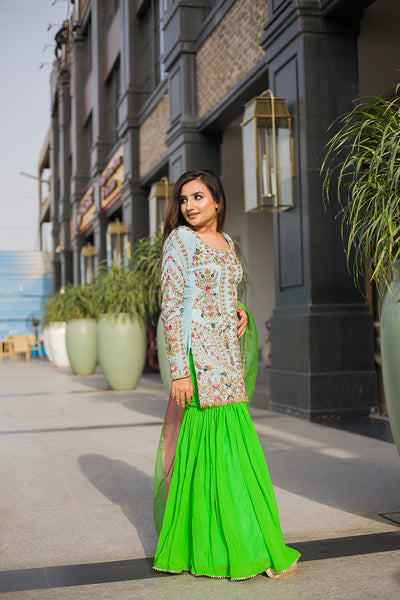 Jewel Sequined Gray-Lime Sharara Set Indian Clothing in Denver, CO, Aurora, CO, Boulder, CO, Fort Collins, CO, Colorado Springs, CO, Parker, CO, Highlands Ranch, CO, Cherry Creek, CO, Centennial, CO, and Longmont, CO. NATIONWIDE SHIPPING USA- India Fashion X