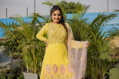 Yellow and Pink Tailed Sharara Set Indian Clothing in Denver, CO, Aurora, CO, Boulder, CO, Fort Collins, CO, Colorado Springs, CO, Parker, CO, Highlands Ranch, CO, Cherry Creek, CO, Centennial, CO, and Longmont, CO. NATIONWIDE SHIPPING USA- India Fashion X