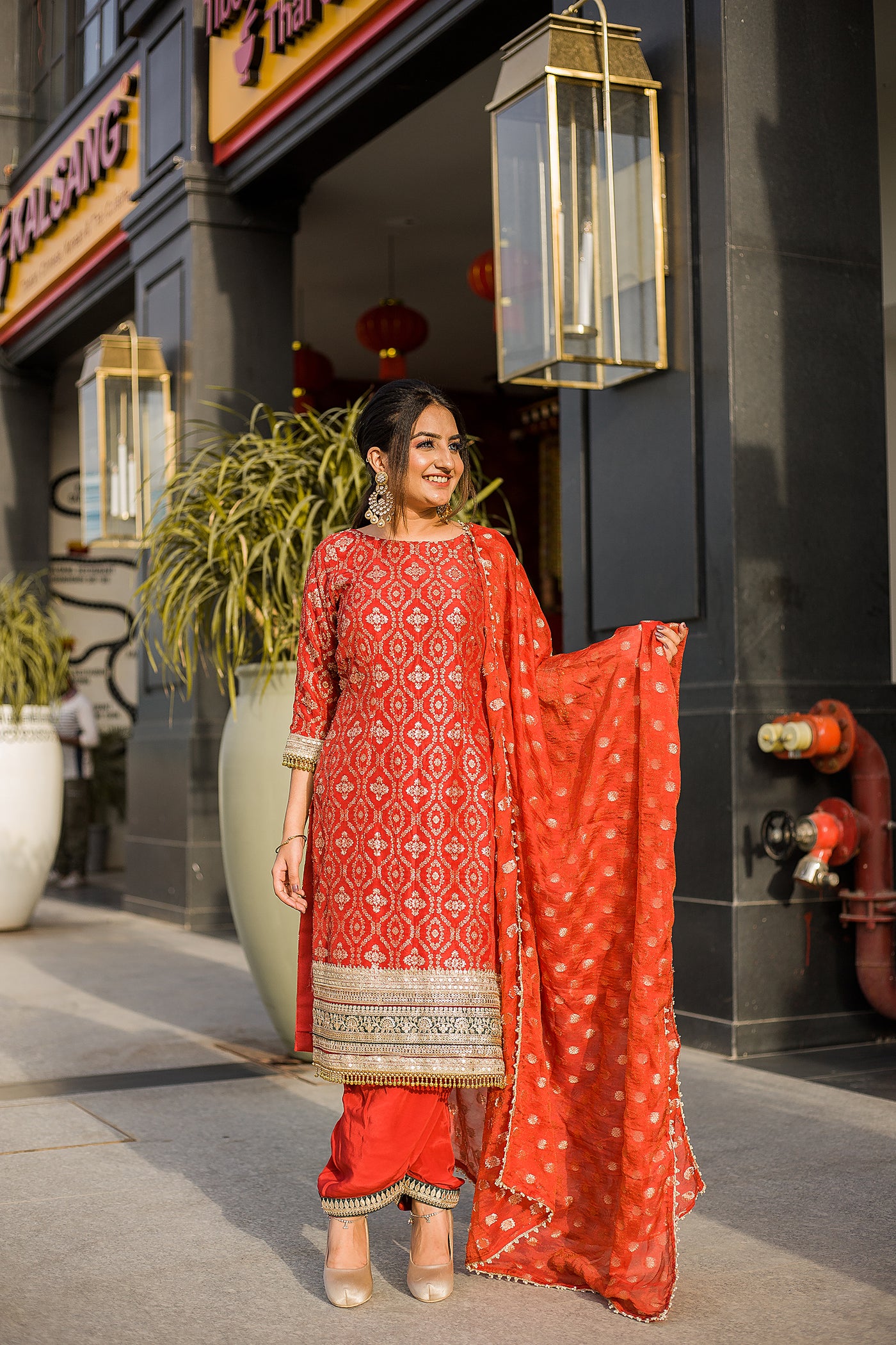 Red-Orange Embroidered Salwar Suit Indian Clothing in Denver, CO, Aurora, CO, Boulder, CO, Fort Collins, CO, Colorado Springs, CO, Parker, CO, Highlands Ranch, CO, Cherry Creek, CO, Centennial, CO, and Longmont, CO. NATIONWIDE SHIPPING USA- India Fashion X