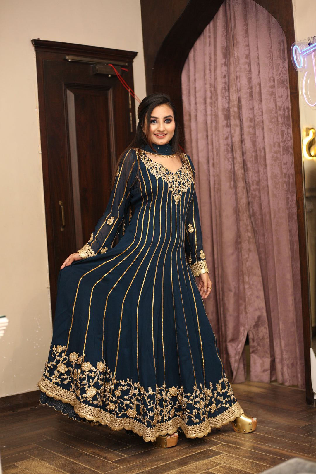 slim fit dress slacks Luxury Navy Blue Mermaid Embroidered Long Tail Muslim Party Dress – Sultan  Dress main image 1