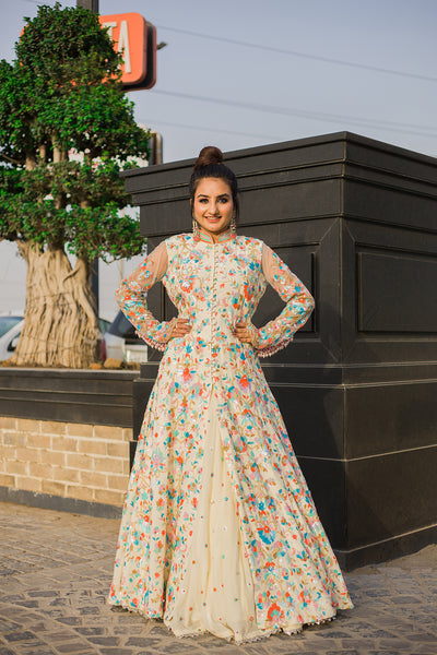 Cream Floral Buttoned-Down Anarkali Indian Clothing in Denver, CO, Aurora, CO, Boulder, CO, Fort Collins, CO, Colorado Springs, CO, Parker, CO, Highlands Ranch, CO, Cherry Creek, CO, Centennial, CO, and Longmont, CO. NATIONWIDE SHIPPING USA- India Fashion X