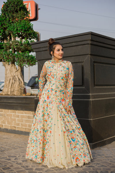 Cream Floral Buttoned-Down Anarkali Indian Clothing in Denver, CO, Aurora, CO, Boulder, CO, Fort Collins, CO, Colorado Springs, CO, Parker, CO, Highlands Ranch, CO, Cherry Creek, CO, Centennial, CO, and Longmont, CO. NATIONWIDE SHIPPING USA- India Fashion X