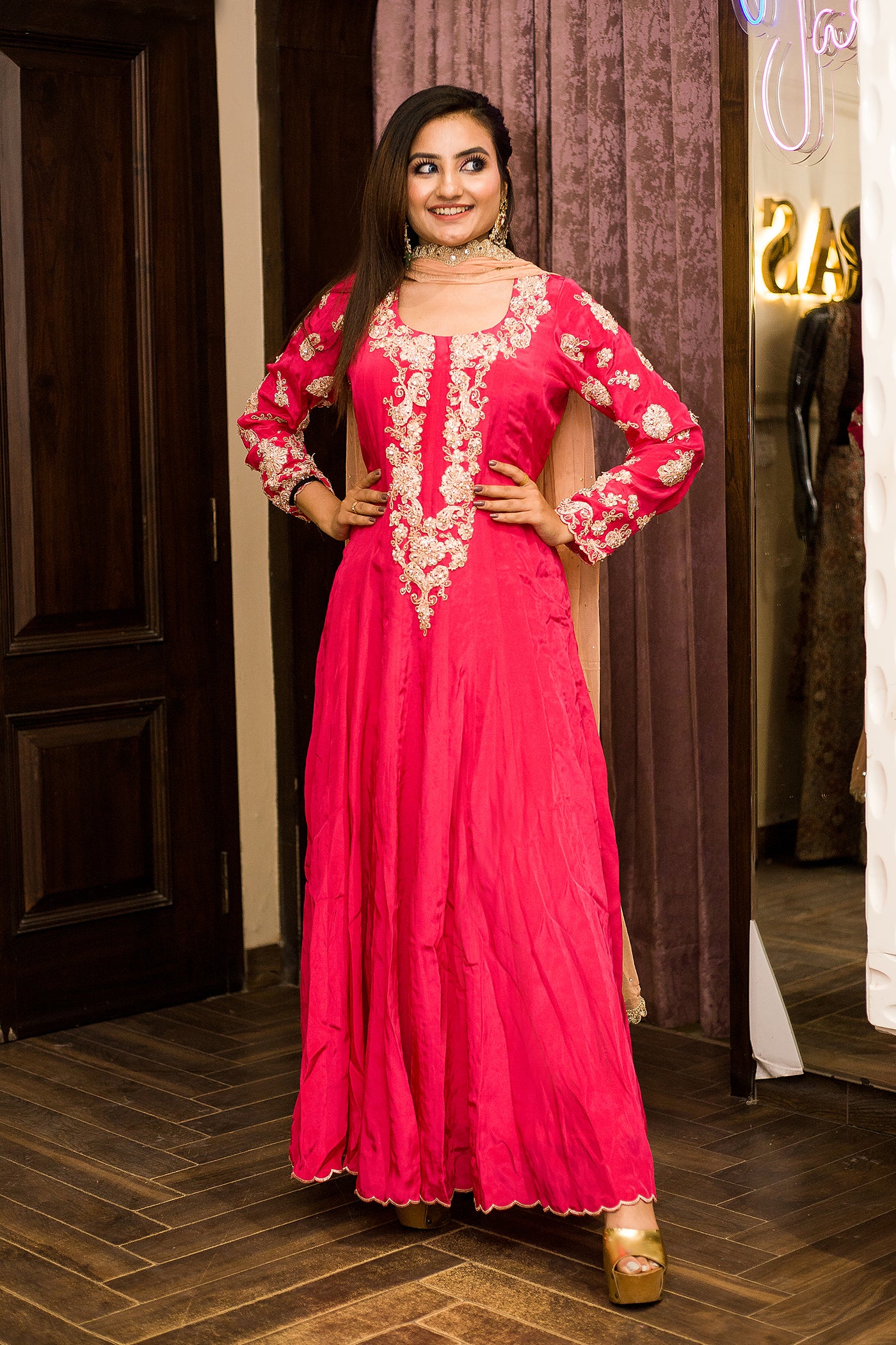 Strawberry Pink Embroidered Anarkali Indian Clothing in Denver, CO, Aurora, CO, Boulder, CO, Fort Collins, CO, Colorado Springs, CO, Parker, CO, Highlands Ranch, CO, Cherry Creek, CO, Centennial, CO, and Longmont, CO. NATIONWIDE SHIPPING USA- India Fashion X