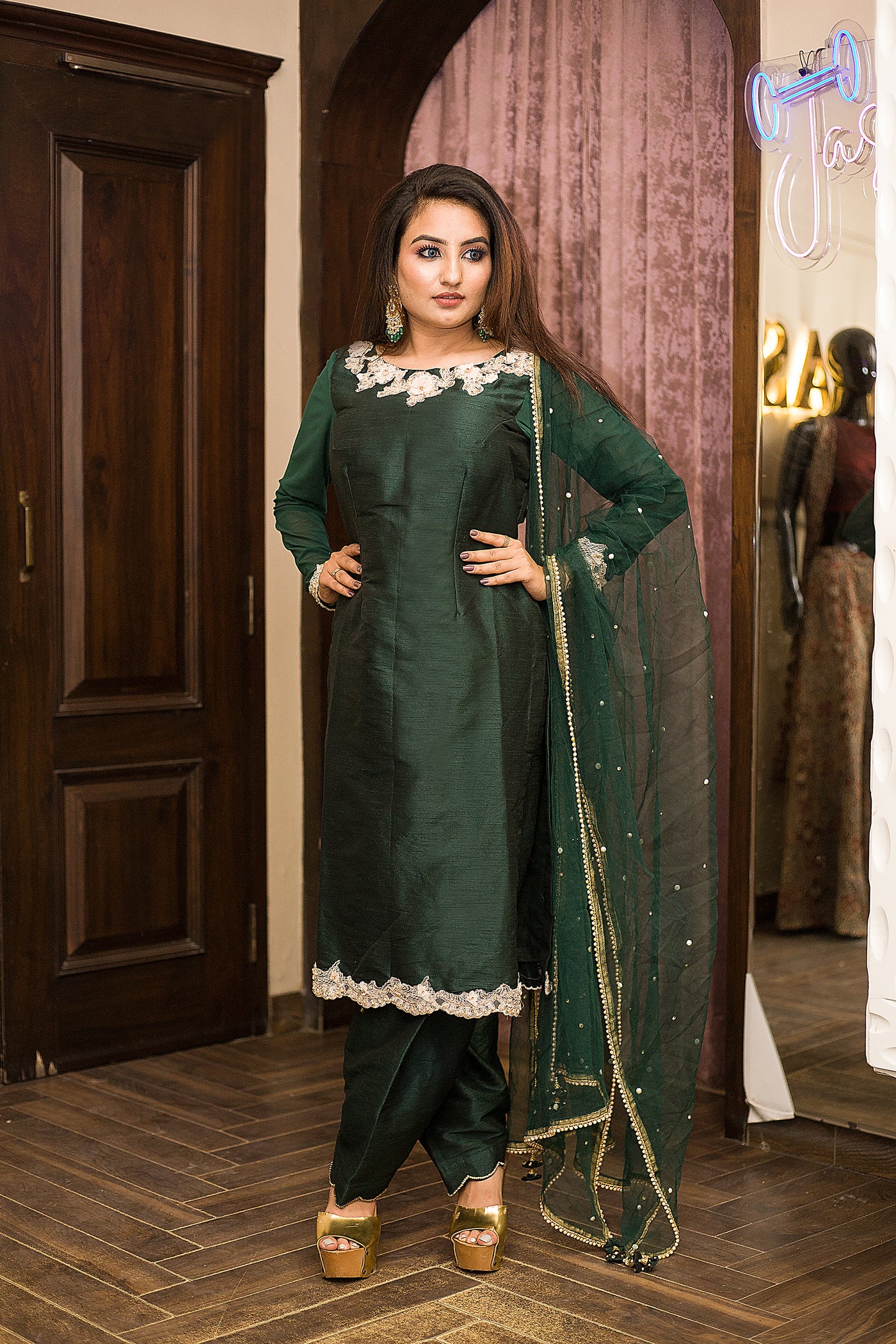 Forest Green Embroidered Salwar Suit Indian Clothing in Denver, CO, Aurora, CO, Boulder, CO, Fort Collins, CO, Colorado Springs, CO, Parker, CO, Highlands Ranch, CO, Cherry Creek, CO, Centennial, CO, and Longmont, CO. NATIONWIDE SHIPPING USA- India Fashion X