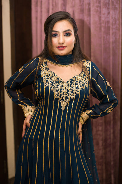 Dark Teal Embroidered Anarkali Indian Clothing in Denver, CO, Aurora, CO, Boulder, CO, Fort Collins, CO, Colorado Springs, CO, Parker, CO, Highlands Ranch, CO, Cherry Creek, CO, Centennial, CO, and Longmont, CO. NATIONWIDE SHIPPING USA- India Fashion X