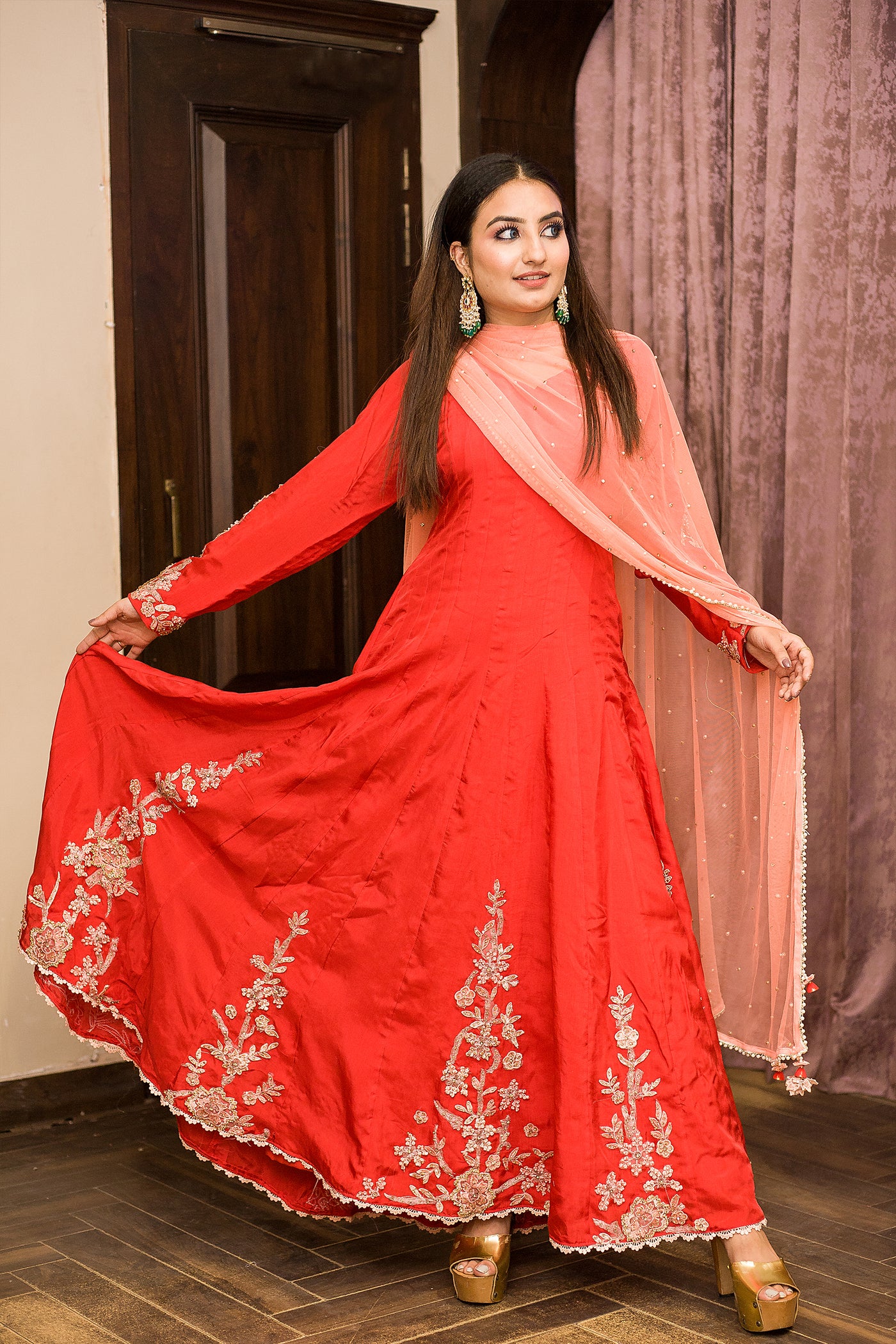 Candy Apple Red Embroidered Anarkali Indian Clothing in Denver, CO, Aurora, CO, Boulder, CO, Fort Collins, CO, Colorado Springs, CO, Parker, CO, Highlands Ranch, CO, Cherry Creek, CO, Centennial, CO, and Longmont, CO. NATIONWIDE SHIPPING USA- India Fashion X