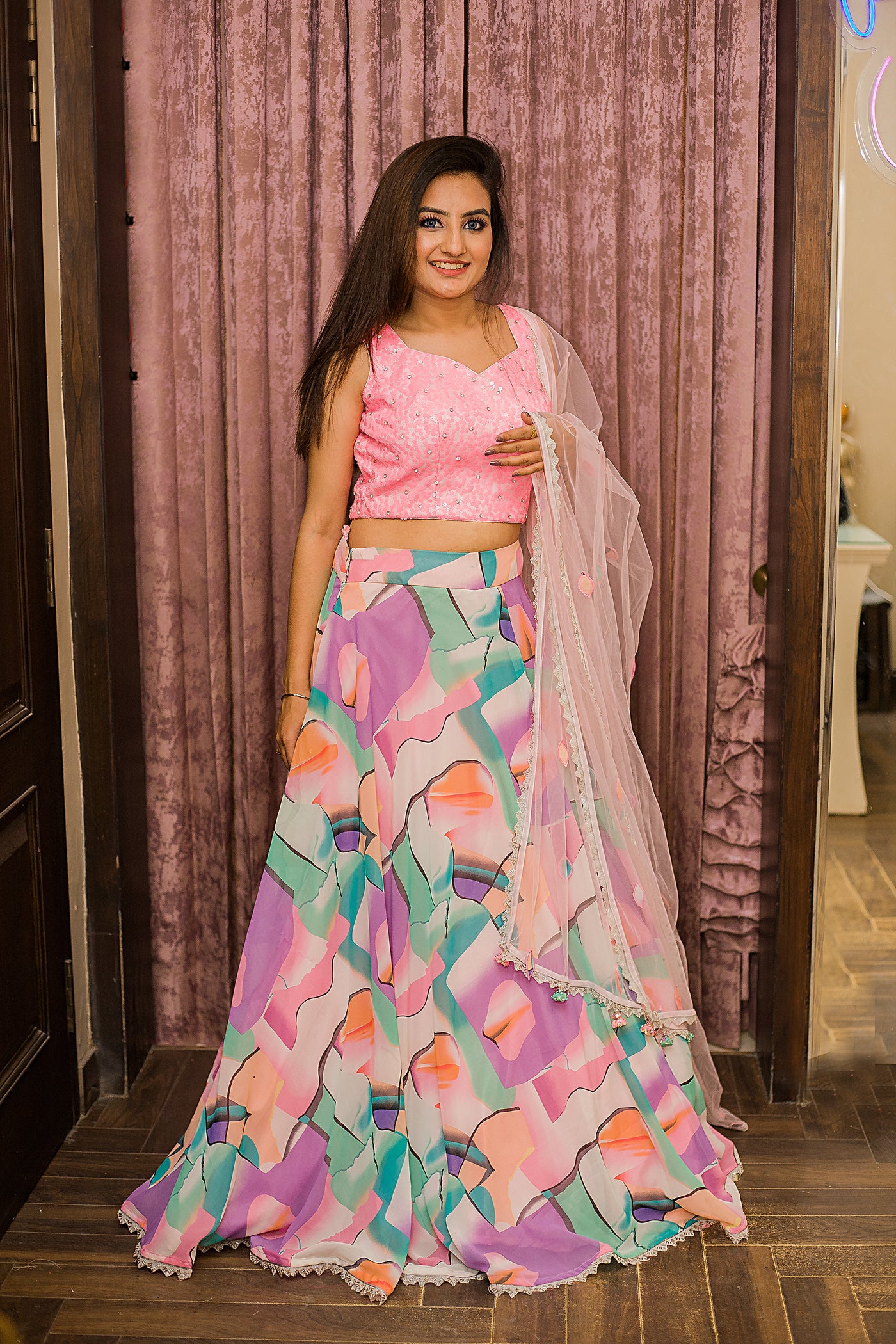 Pink Contemporary Print Lehenga Indian Clothing in Denver, CO, Aurora, CO, Boulder, CO, Fort Collins, CO, Colorado Springs, CO, Parker, CO, Highlands Ranch, CO, Cherry Creek, CO, Centennial, CO, and Longmont, CO. NATIONWIDE SHIPPING USA- India Fashion X