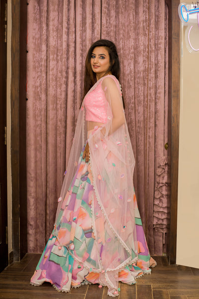 Pink Contemporary Print Lehenga Indian Clothing in Denver, CO, Aurora, CO, Boulder, CO, Fort Collins, CO, Colorado Springs, CO, Parker, CO, Highlands Ranch, CO, Cherry Creek, CO, Centennial, CO, and Longmont, CO. NATIONWIDE SHIPPING USA- India Fashion X