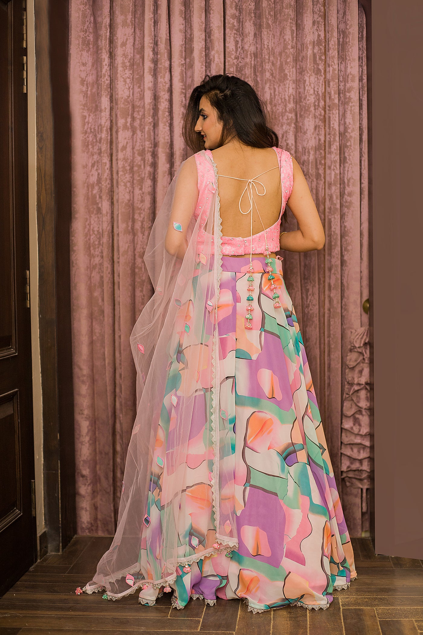 Pink Contemporary Print Lehenga Indian Clothing in Denver, CO, Aurora, CO, Boulder, CO, Fort Collins, CO, Colorado Springs, CO, Parker, CO, Highlands Ranch, CO, Cherry Creek, CO, Centennial, CO, and Longmont, CO. NATIONWIDE SHIPPING USA- India Fashion X