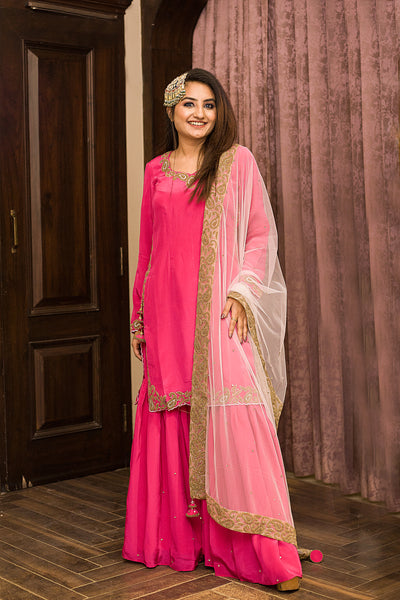 Pink Embroidered Lined Sharara Set Indian Clothing in Denver, CO, Aurora, CO, Boulder, CO, Fort Collins, CO, Colorado Springs, CO, Parker, CO, Highlands Ranch, CO, Cherry Creek, CO, Centennial, CO, and Longmont, CO. NATIONWIDE SHIPPING USA- India Fashion X