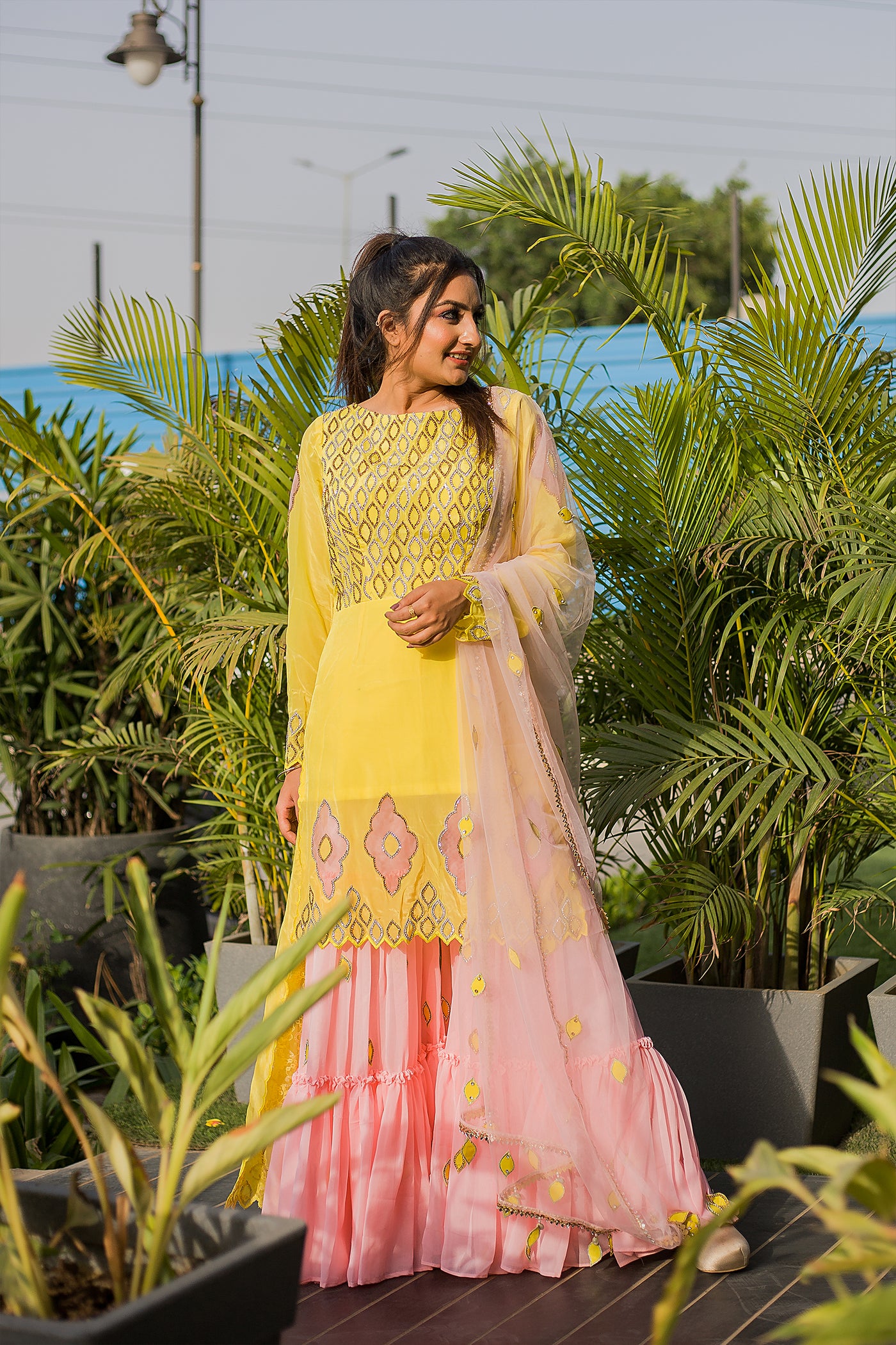 Yellow and Pink Tailed Sharara Set Indian Clothing in Denver, CO, Aurora, CO, Boulder, CO, Fort Collins, CO, Colorado Springs, CO, Parker, CO, Highlands Ranch, CO, Cherry Creek, CO, Centennial, CO, and Longmont, CO. NATIONWIDE SHIPPING USA- India Fashion X