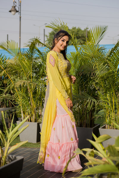 Yellow and Pink Tailed Sharara Set Indian Clothing in Denver, CO, Aurora, CO, Boulder, CO, Fort Collins, CO, Colorado Springs, CO, Parker, CO, Highlands Ranch, CO, Cherry Creek, CO, Centennial, CO, and Longmont, CO. NATIONWIDE SHIPPING USA- India Fashion X