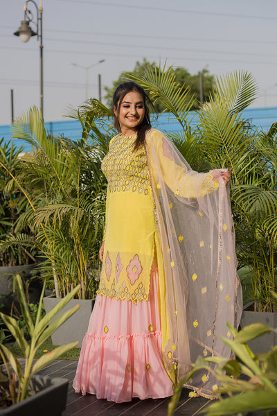 Yellow and Pink Tailed Sharara Set Indian Clothing in Denver, CO, Aurora, CO, Boulder, CO, Fort Collins, CO, Colorado Springs, CO, Parker, CO, Highlands Ranch, CO, Cherry Creek, CO, Centennial, CO, and Longmont, CO. NATIONWIDE SHIPPING USA- India Fashion X
