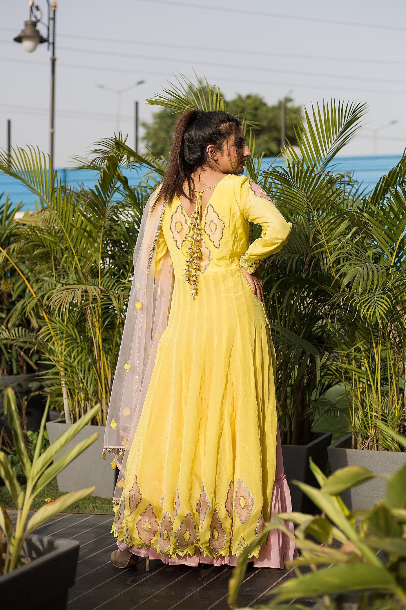 Yellow and Pink Tailed Sharara Set Indian Clothing in Denver, CO, Aurora, CO, Boulder, CO, Fort Collins, CO, Colorado Springs, CO, Parker, CO, Highlands Ranch, CO, Cherry Creek, CO, Centennial, CO, and Longmont, CO. NATIONWIDE SHIPPING USA- India Fashion X