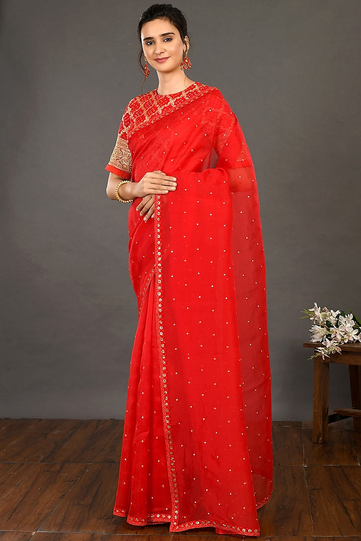 Red Embroidered Saree Set - Indian Clothing in Denver, CO, Aurora, CO, Boulder, CO, Fort Collins, CO, Colorado Springs, CO, Parker, CO, Highlands Ranch, CO, Cherry Creek, CO, Centennial, CO, and Longmont, CO. Nationwide shipping USA - India Fashion X