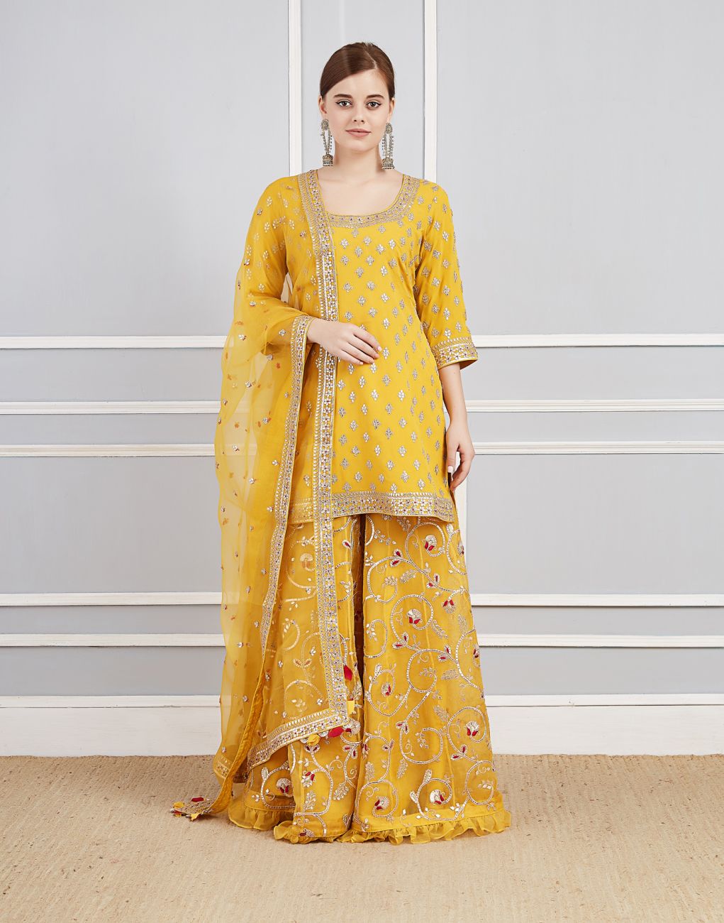 Yellow Organza Sharara Set Indian Clothing in Denver, CO, Aurora, CO, Boulder, CO, Fort Collins, CO, Colorado Springs, CO, Parker, CO, Highlands Ranch, CO, Cherry Creek, CO, Centennial, CO, and Longmont, CO. NATIONWIDE SHIPPING USA- India Fashion X