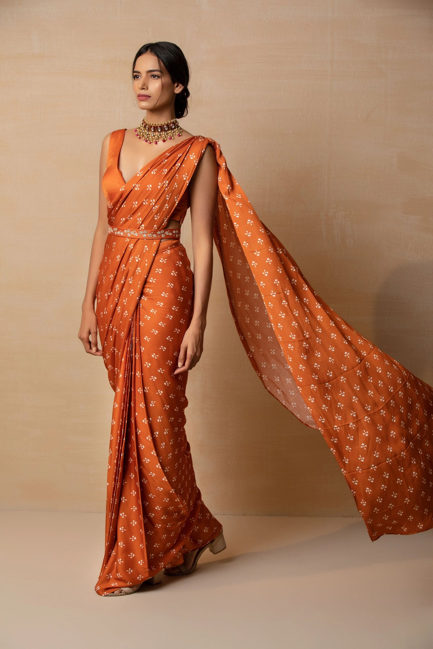 Rust Printed Draped Saree Indian Clothing in Denver, CO, Aurora, CO, Boulder, CO, Fort Collins, CO, Colorado Springs, CO, Parker, CO, Highlands Ranch, CO, Cherry Creek, CO, Centennial, CO, and Longmont, CO. NATIONWIDE SHIPPING USA- India Fashion X