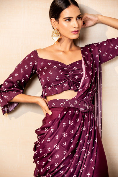 Purple Printed Draped Saree Indian Clothing in Denver, CO, Aurora, CO, Boulder, CO, Fort Collins, CO, Colorado Springs, CO, Parker, CO, Highlands Ranch, CO, Cherry Creek, CO, Centennial, CO, and Longmont, CO. NATIONWIDE SHIPPING USA- India Fashion X
