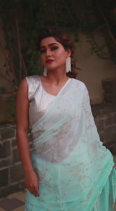White Aqua Blended Saree- Indian Clothing in Denver, CO, and Aurora, CO- India Fashion X