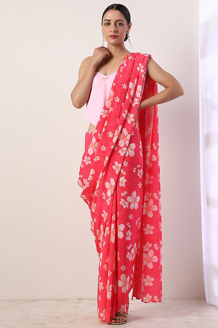 Hot Pink Printed Saree Set - Indian Clothing in Denver, CO, Aurora, CO, Boulder, CO, Fort Collins, CO, Colorado Springs, CO, Parker, CO, Highlands Ranch, CO, Cherry Creek, CO, Centennial, CO, and Longmont, CO. Nationwide shipping USA - India Fashion X