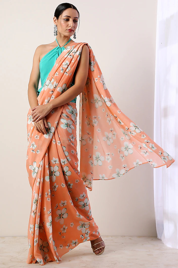Coral Saree Set With Print - Indian Clothing in Denver, CO, Aurora, CO, Boulder, CO, Fort Collins, CO, Colorado Springs, CO, Parker, CO, Highlands Ranch, CO, Cherry Creek, CO, Centennial, CO, and Longmont, CO. Nationwide shipping USA - India Fashion X
