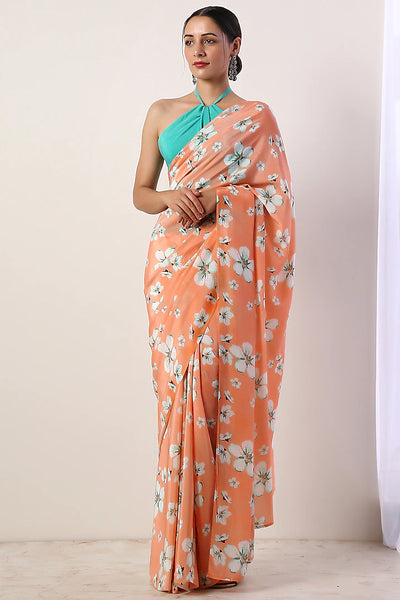 Coral Saree Set With Print - Indian Clothing in Denver, CO, Aurora, CO, Boulder, CO, Fort Collins, CO, Colorado Springs, CO, Parker, CO, Highlands Ranch, CO, Cherry Creek, CO, Centennial, CO, and Longmont, CO. Nationwide shipping USA - India Fashion X