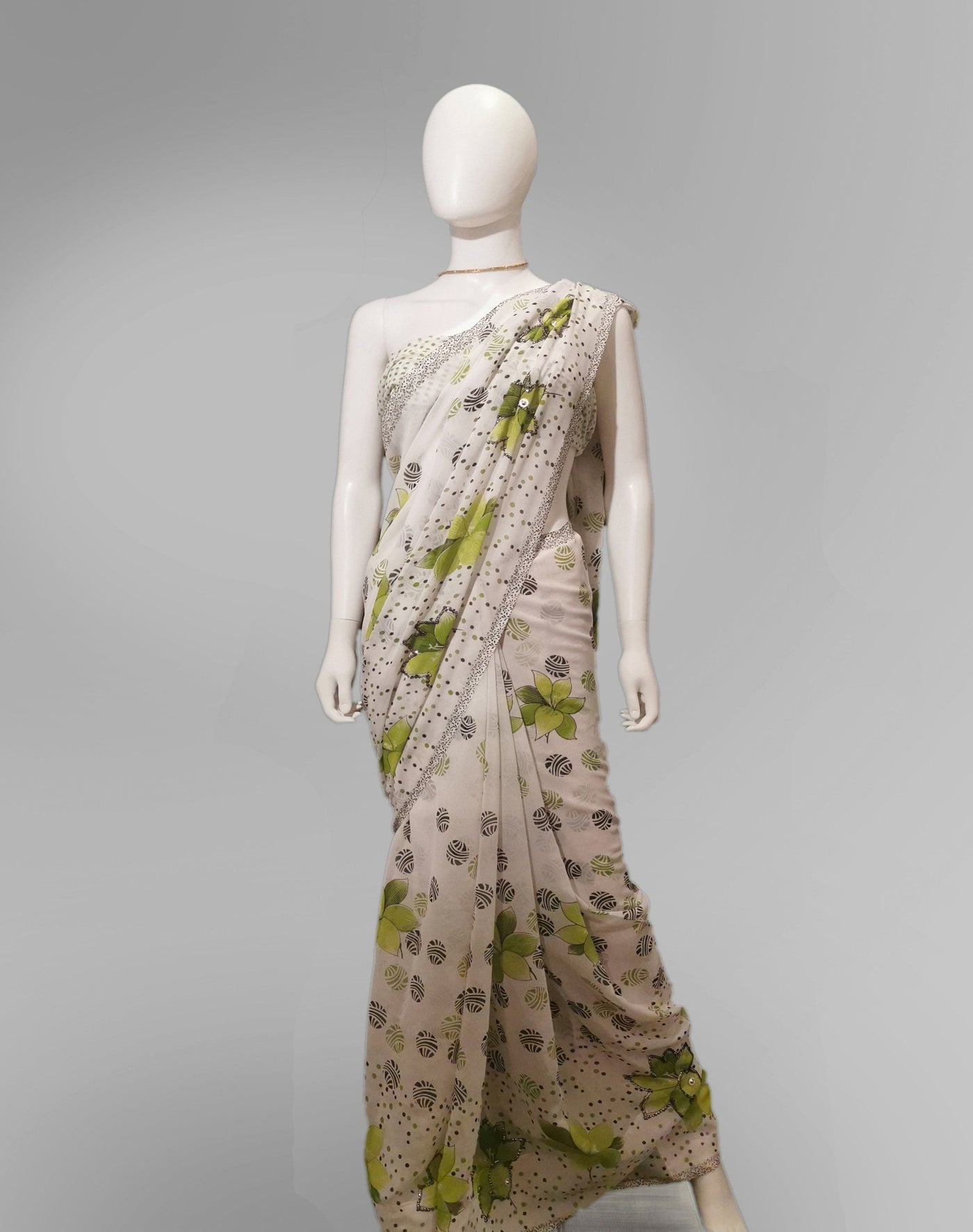 Saree in White and Green Floral Featured with Sequin Work - Indian Clothing in Denver, CO, Aurora, CO, Boulder, CO, Fort Collins, CO, Colorado Springs, CO, Parker, CO, Highlands Ranch, CO, Cherry Creek, CO, Centennial, CO, and Longmont, CO. Nationwide shipping USA - India Fashion X