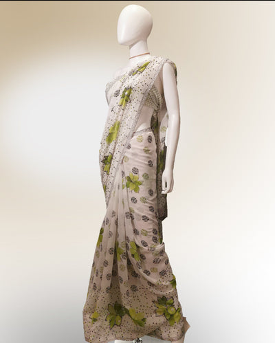Saree in White and Green Floral Featured with Sequin Work - Indian Clothing in Denver, CO, Aurora, CO, Boulder, CO, Fort Collins, CO, Colorado Springs, CO, Parker, CO, Highlands Ranch, CO, Cherry Creek, CO, Centennial, CO, and Longmont, CO. Nationwide shipping USA - India Fashion X