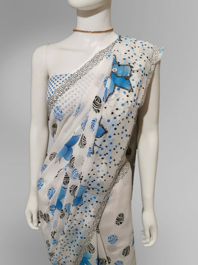 Saree in White and Blue Floral Featured with Sequin Work Indian Clothing in Denver, CO, Aurora, CO, Boulder, CO, Fort Collins, CO, Colorado Springs, CO, Parker, CO, Highlands Ranch, CO, Cherry Creek, CO, Centennial, CO, and Longmont, CO. NATIONWIDE SHIPPING USA- India Fashion X