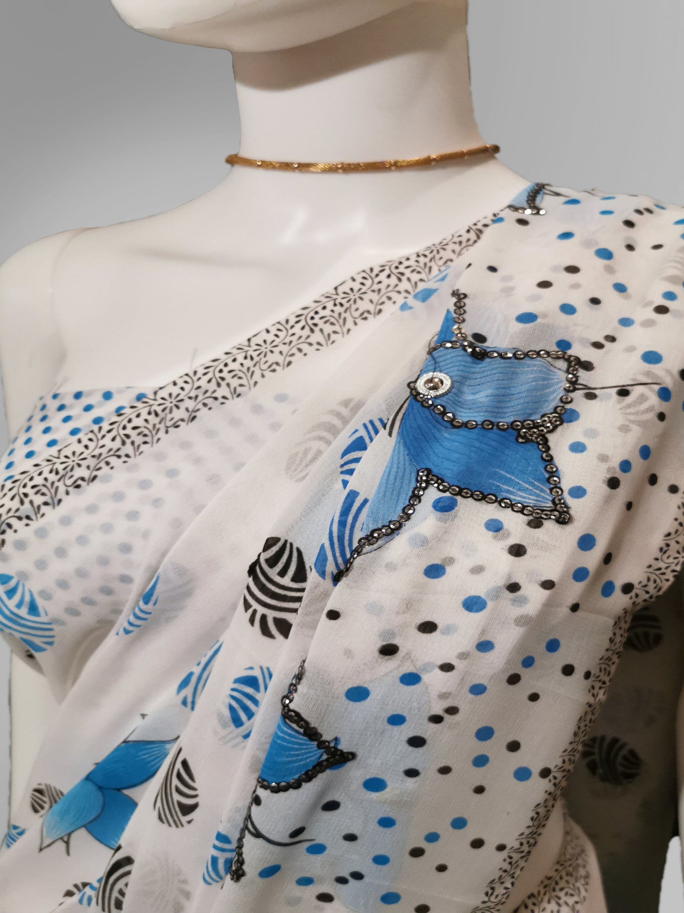 Saree in White and Blue Floral Featured with Sequin Work Indian Clothing in Denver, CO, Aurora, CO, Boulder, CO, Fort Collins, CO, Colorado Springs, CO, Parker, CO, Highlands Ranch, CO, Cherry Creek, CO, Centennial, CO, and Longmont, CO. NATIONWIDE SHIPPING USA- India Fashion X