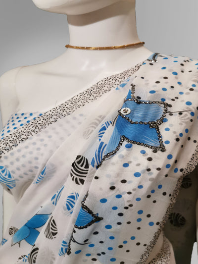 Saree in White and Blue Floral Featured with Sequin Work Indian Clothing in Denver, CO, Aurora, CO, Boulder, CO, Fort Collins, CO, Colorado Springs, CO, Parker, CO, Highlands Ranch, CO, Cherry Creek, CO, Centennial, CO, and Longmont, CO. NATIONWIDE SHIPPING USA- India Fashion X
