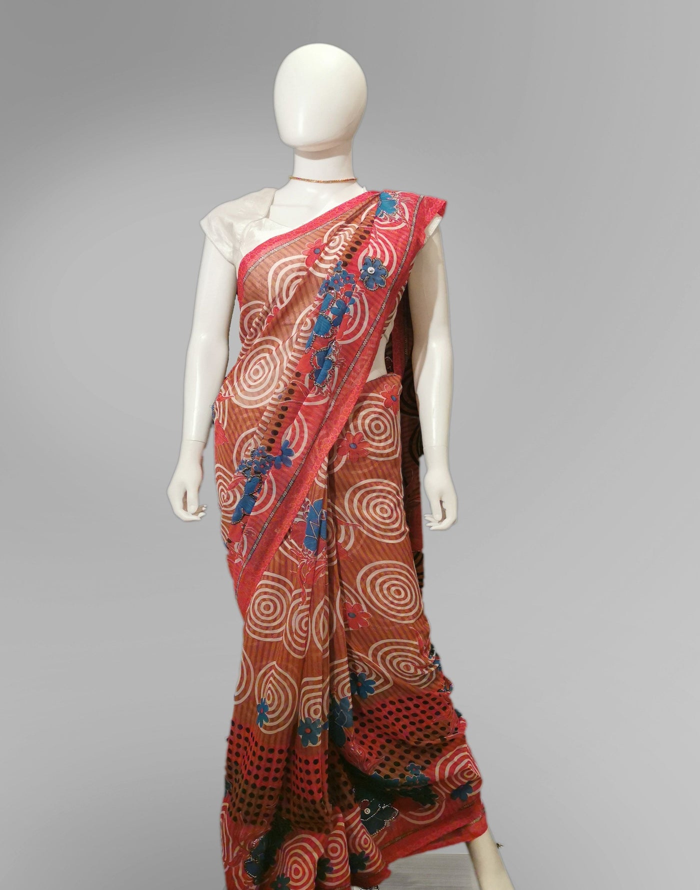Saree in Tomato Red and Blue Floral with Sequin and Print Work Indian Clothing in Denver, CO, Aurora, CO, Boulder, CO, Fort Collins, CO, Colorado Springs, CO, Parker, CO, Highlands Ranch, CO, Cherry Creek, CO, Centennial, CO, and Longmont, CO. NATIONWIDE SHIPPING USA- India Fashion X