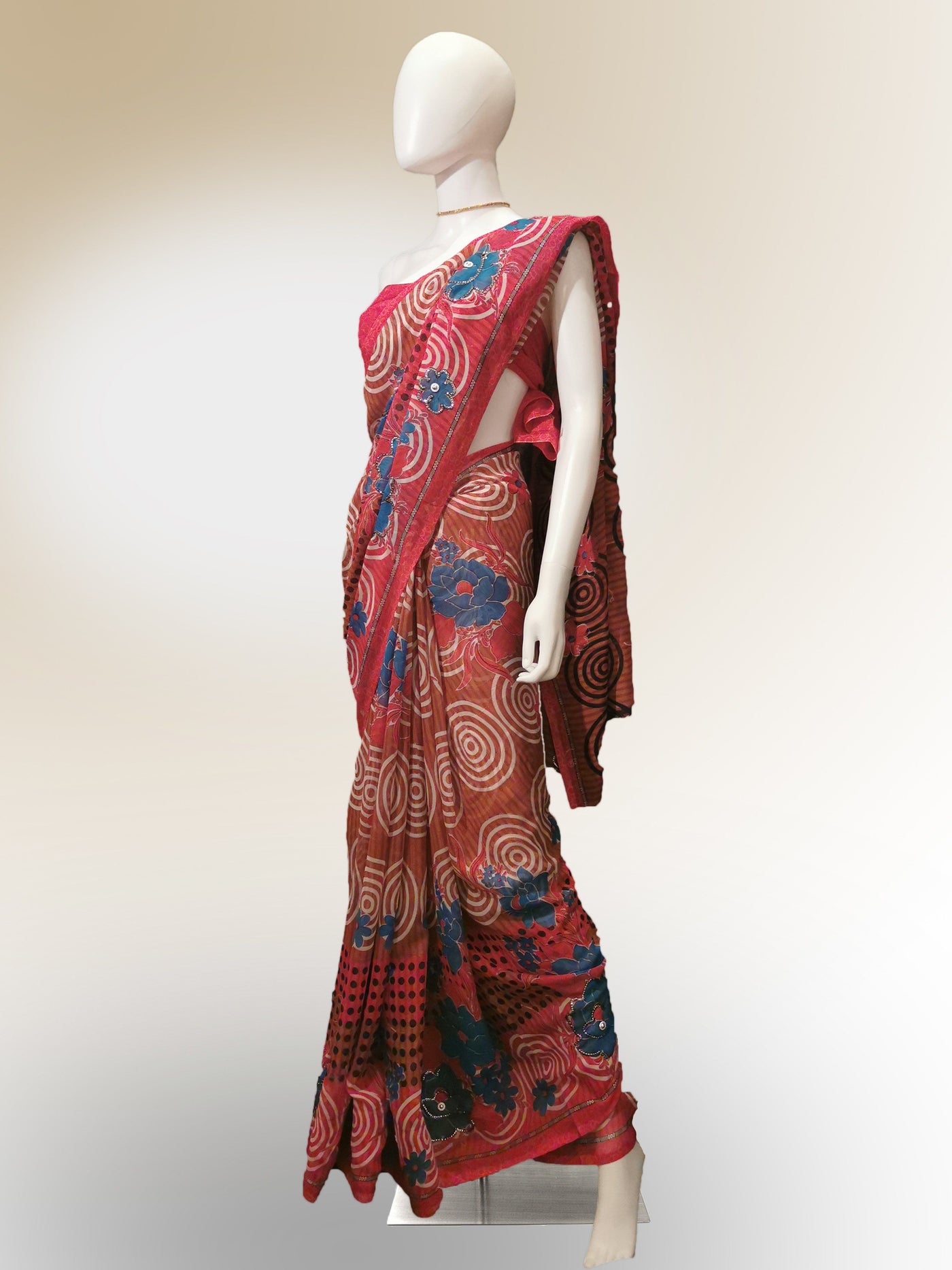Saree in Tomato Red and Blue Floral with Sequin and Print Work Indian Clothing in Denver, CO, Aurora, CO, Boulder, CO, Fort Collins, CO, Colorado Springs, CO, Parker, CO, Highlands Ranch, CO, Cherry Creek, CO, Centennial, CO, and Longmont, CO. NATIONWIDE SHIPPING USA- India Fashion X
