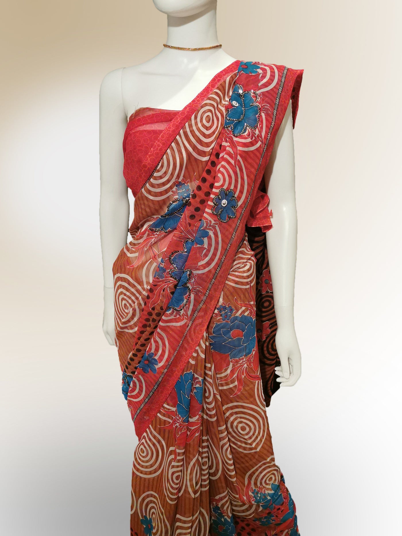 Saree in Tomato Red and Blue Floral with Sequin and Print Work Indian Clothing in Denver, CO, Aurora, CO, Boulder, CO, Fort Collins, CO, Colorado Springs, CO, Parker, CO, Highlands Ranch, CO, Cherry Creek, CO, Centennial, CO, and Longmont, CO. NATIONWIDE SHIPPING USA- India Fashion X