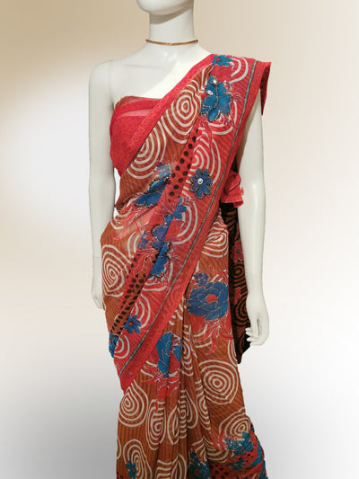 Saree in Tomato Red and Blue Floral with Sequin and Print Work Indian Clothing in Denver, CO, Aurora, CO, Boulder, CO, Fort Collins, CO, Colorado Springs, CO, Parker, CO, Highlands Ranch, CO, Cherry Creek, CO, Centennial, CO, and Longmont, CO. NATIONWIDE SHIPPING USA- India Fashion X