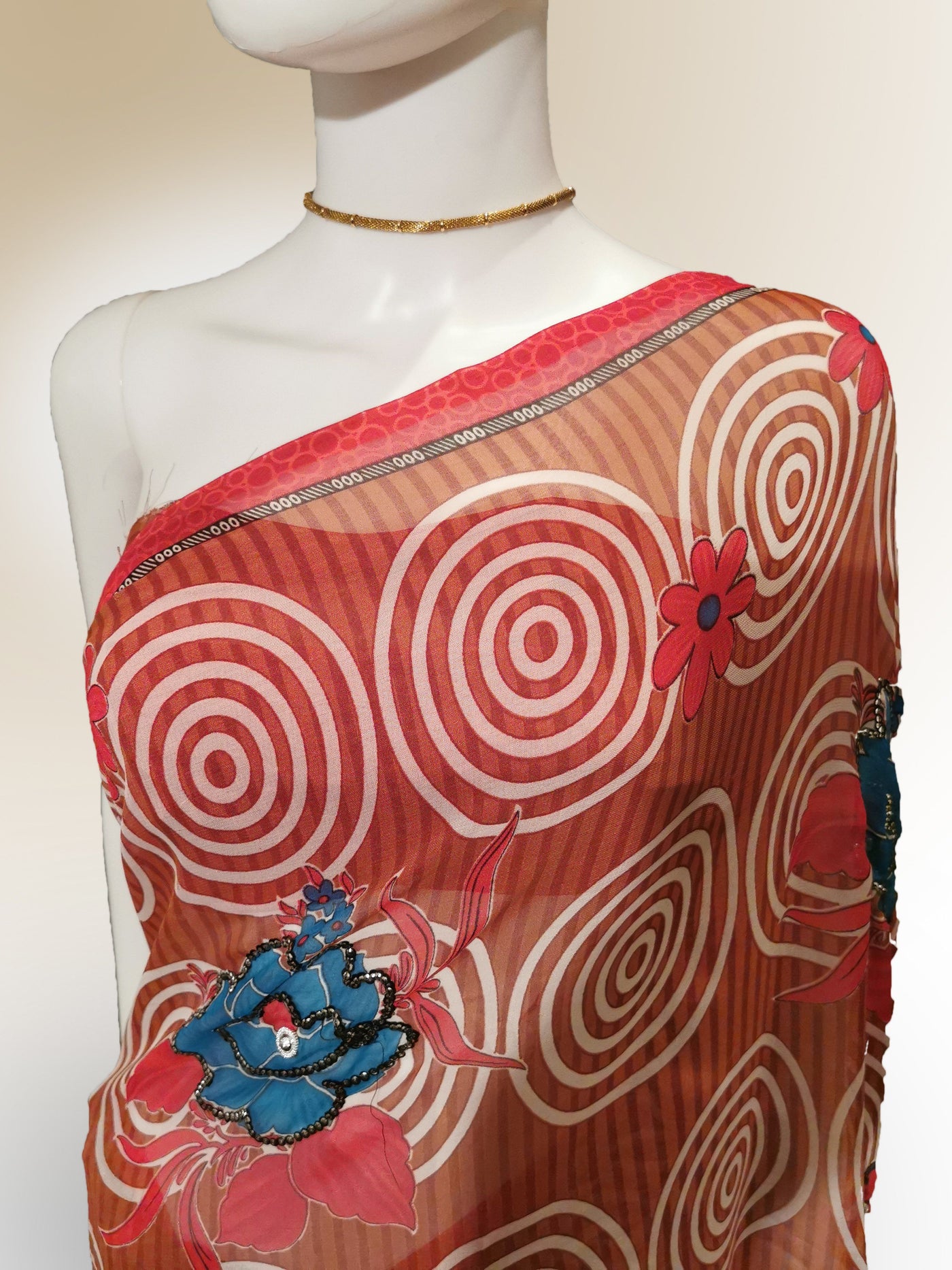 Saree in Tomato Red and Blue Floral with Sequin and Print Work Indian Clothing in Denver, CO, Aurora, CO, Boulder, CO, Fort Collins, CO, Colorado Springs, CO, Parker, CO, Highlands Ranch, CO, Cherry Creek, CO, Centennial, CO, and Longmont, CO. NATIONWIDE SHIPPING USA- India Fashion X