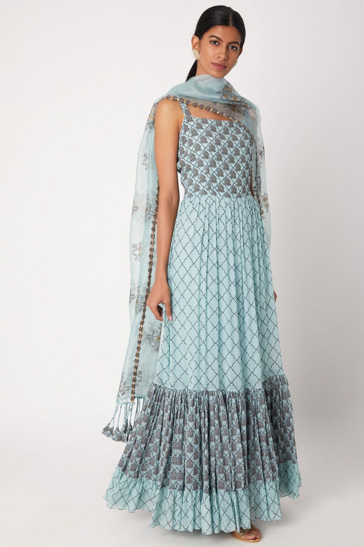 Sky Blue Ruffled Anarkali - Indian Clothing in Denver, CO, Aurora, CO, Boulder, CO, Fort Collins, CO, Colorado Springs, CO, Parker, CO, Highlands Ranch, CO, Cherry Creek, CO, Centennial, CO, and Longmont, CO. Nationwide shipping USA - India Fashion X